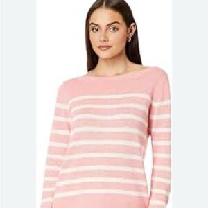 Vineyard Vines Linen Cashmere Striped Boatneck Sweater in pink and white.